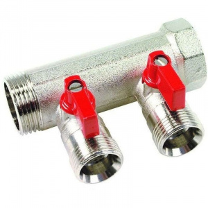 Коллектор с красными кранами 1"х2вых. 3/4" НР евроконус HENCO
