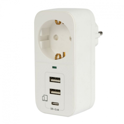 Адаптер сетевой Фотон 4000 Вт с заземлением 2 USB-A + 1 USB-C 2,4А