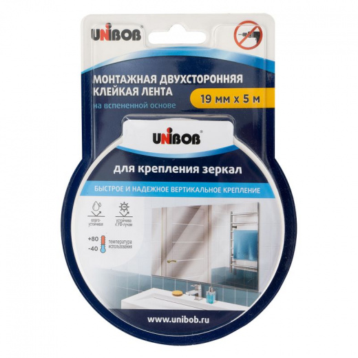 Двусторонняя клейкая лента для крепления зеркал UNIBOB 19ммх5м вспененная