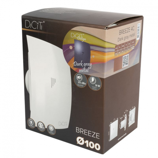 Вентилятор осевой вытяжной D100 25дБ 90м³/ч 220х175 мм темно-серый Era Breeze
