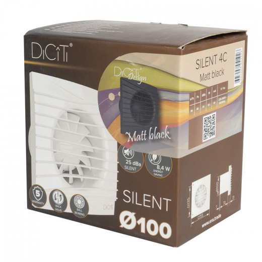 Вентилятор вытяжной D100 25дБ, 90м³/ч, с обратным клапаном SILENT 4C DiCiTi черный -матовый
