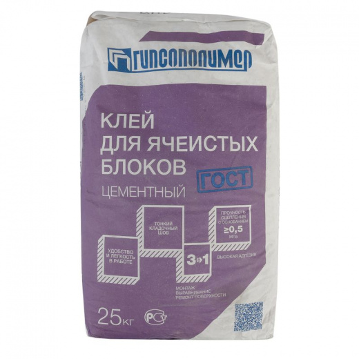 Клей для ячеистых блоков цементный Гипсополимер, 25 кг