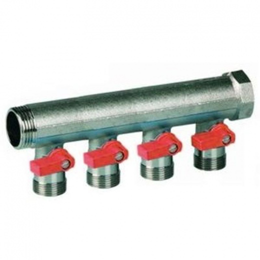 Коллектор с красными кранами 1"х4вых. 3/4" НР евроконус HENCO